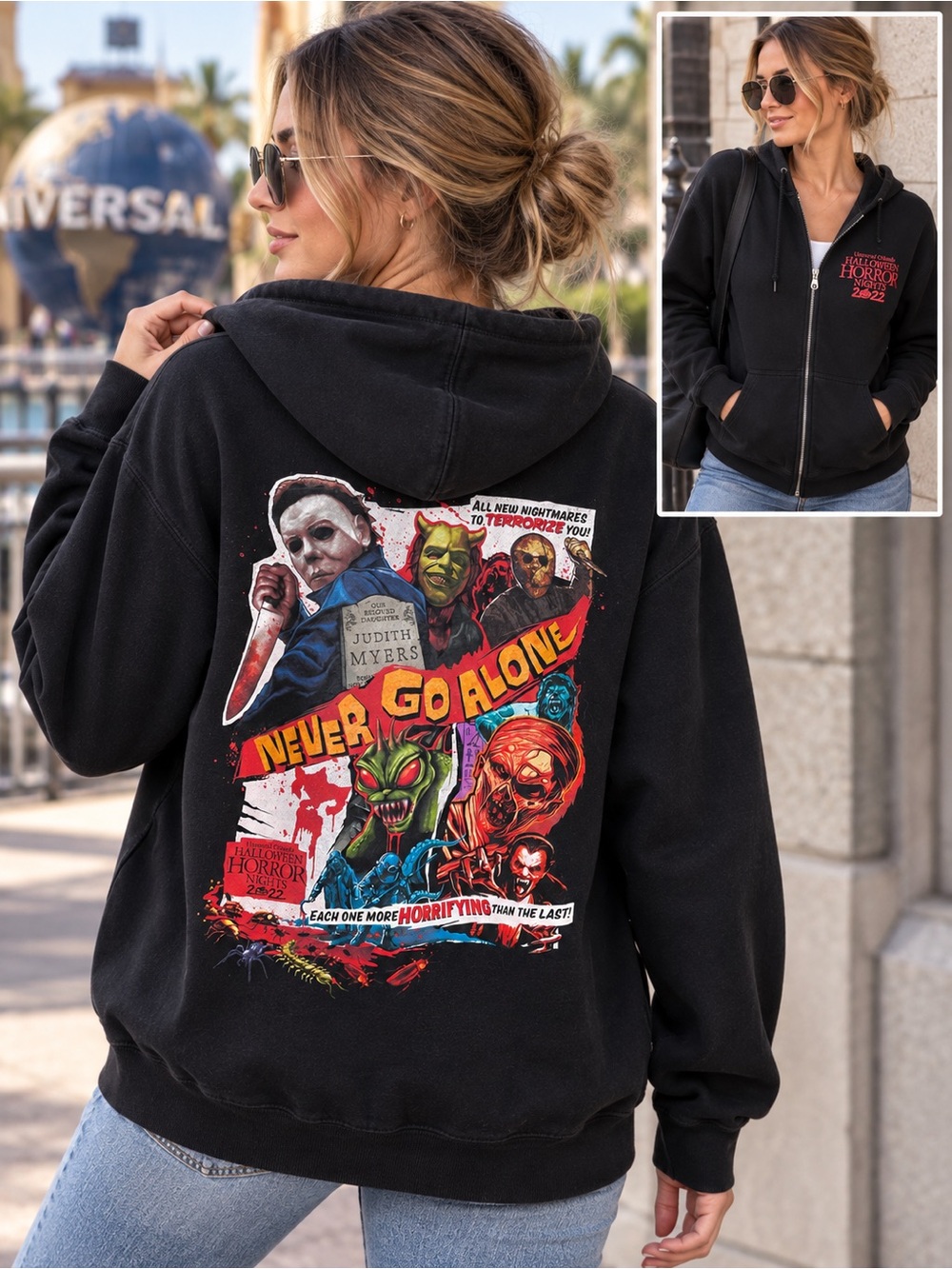 DISNEY Universal Orlando Halloween Horror Nights 2022 Never Go Alone Zip Hoodie
